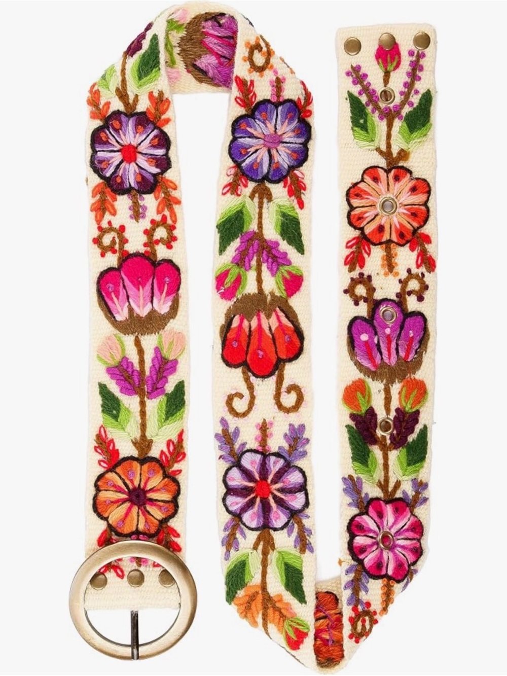 Raymis Embroidered Floral Canvas Belt - Cream with Multi-Color Flowers
